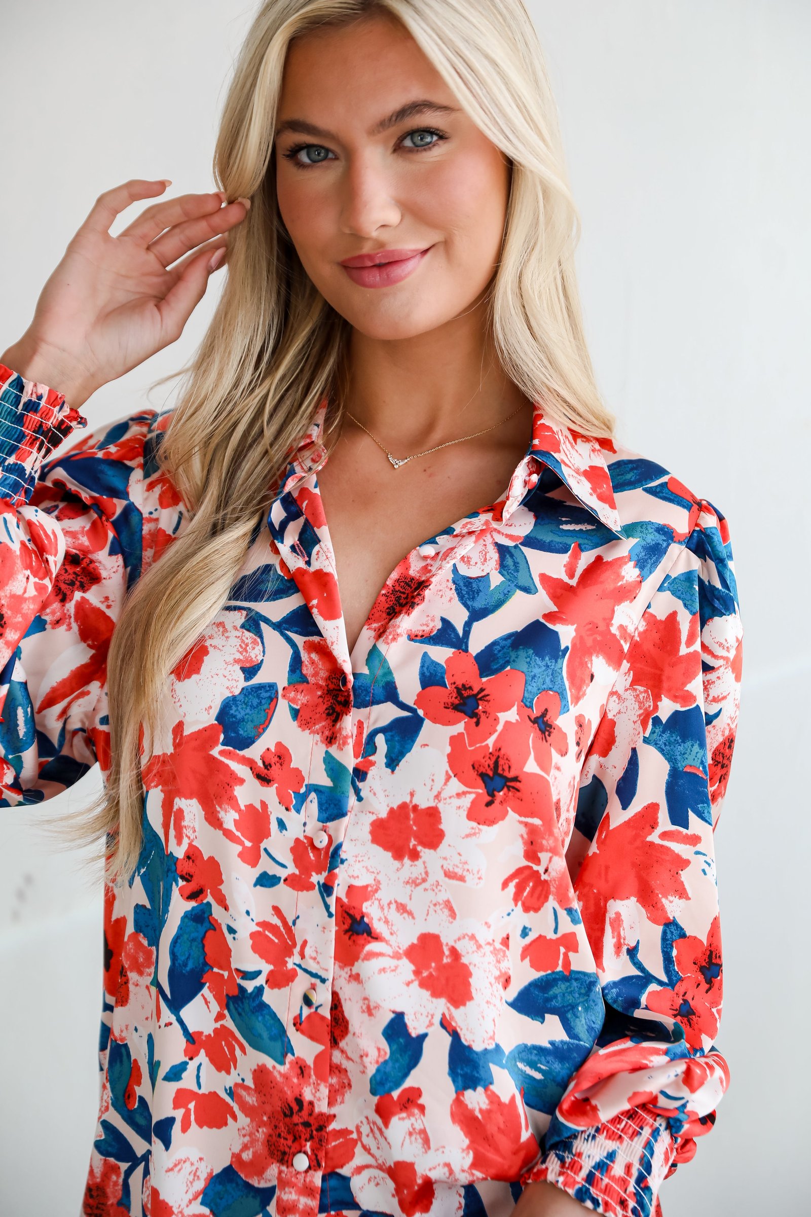 Dreamy Personality Coral Satin Floral Button-Up Blouse