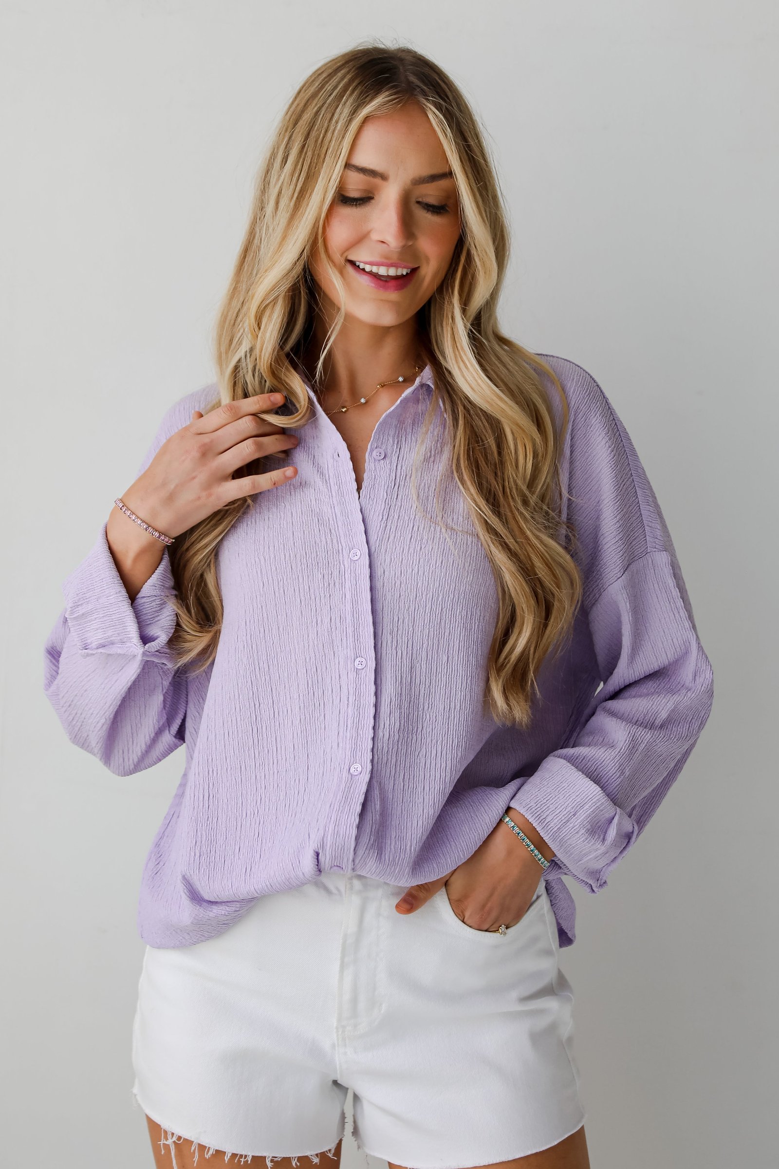 Simply A Vibe Lavender Smocked Button-Up Blouse - DU DEAL