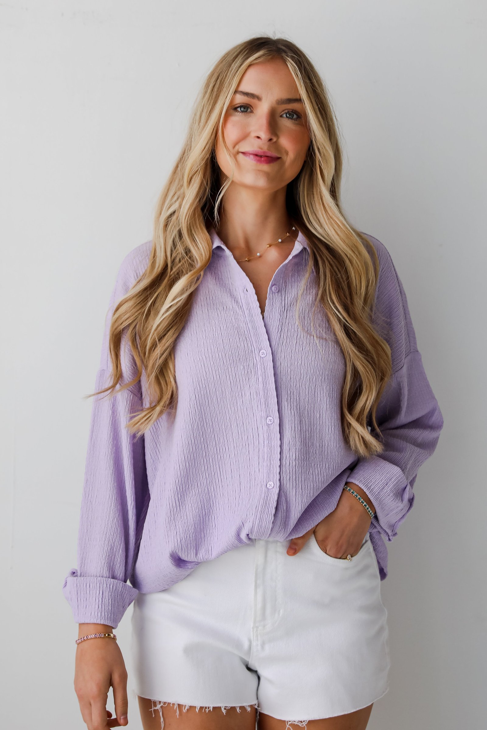 Simply A Vibe Lavender Smocked Button-Up Blouse - DU DEAL