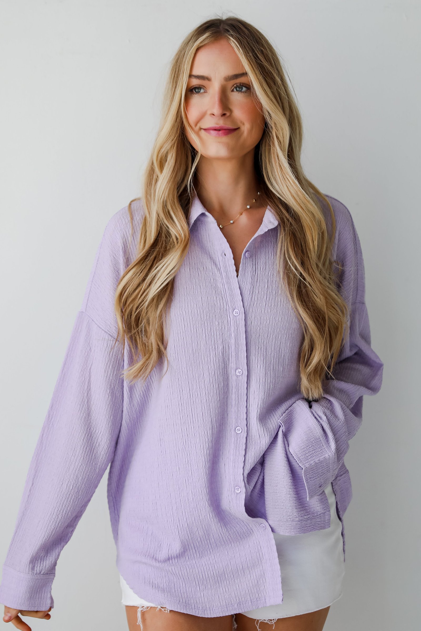 Simply A Vibe Lavender Smocked Button-Up Blouse - DU DEAL