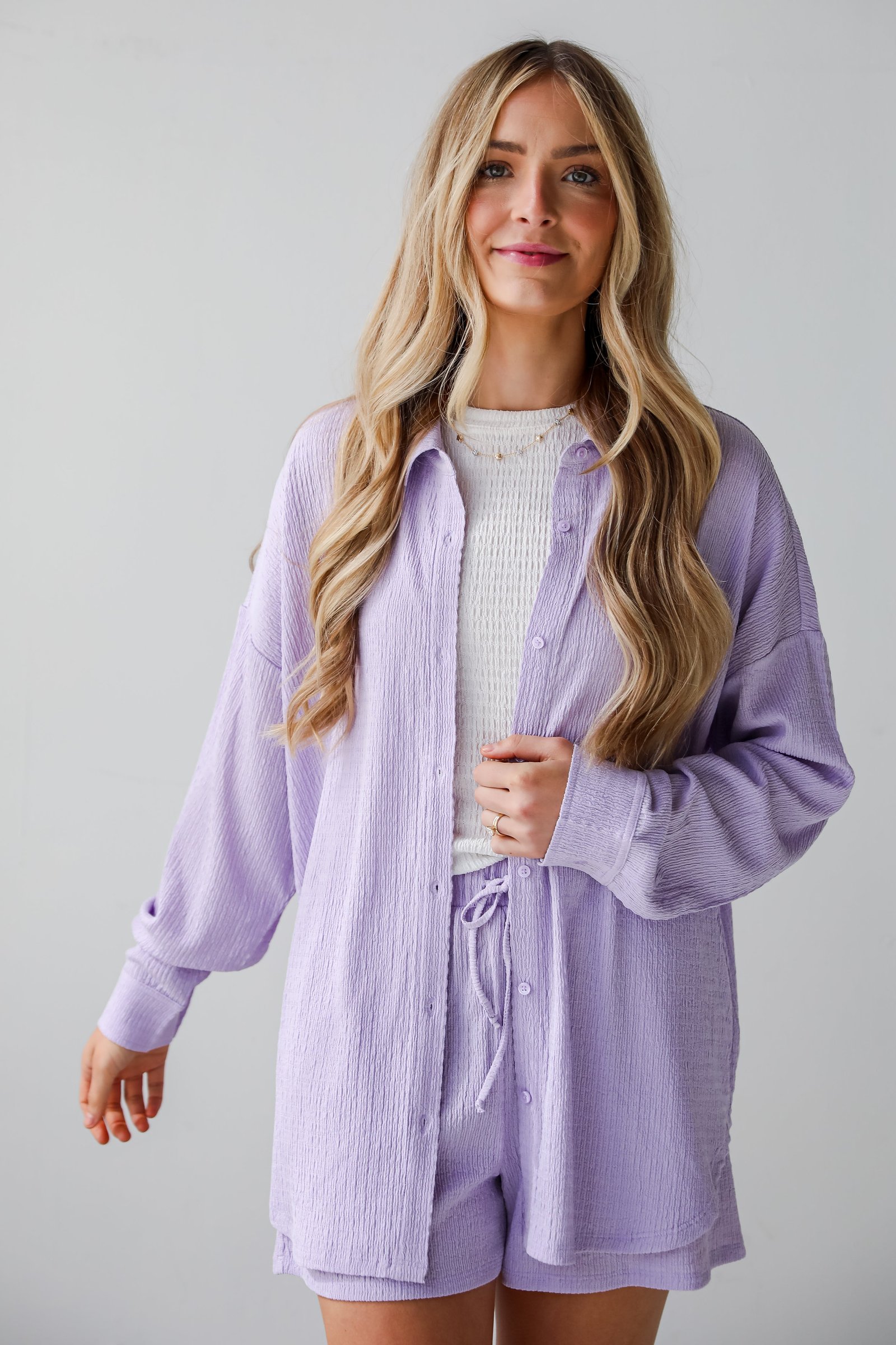 Simply A Vibe Lavender Smocked Button-Up Blouse - DU DEAL