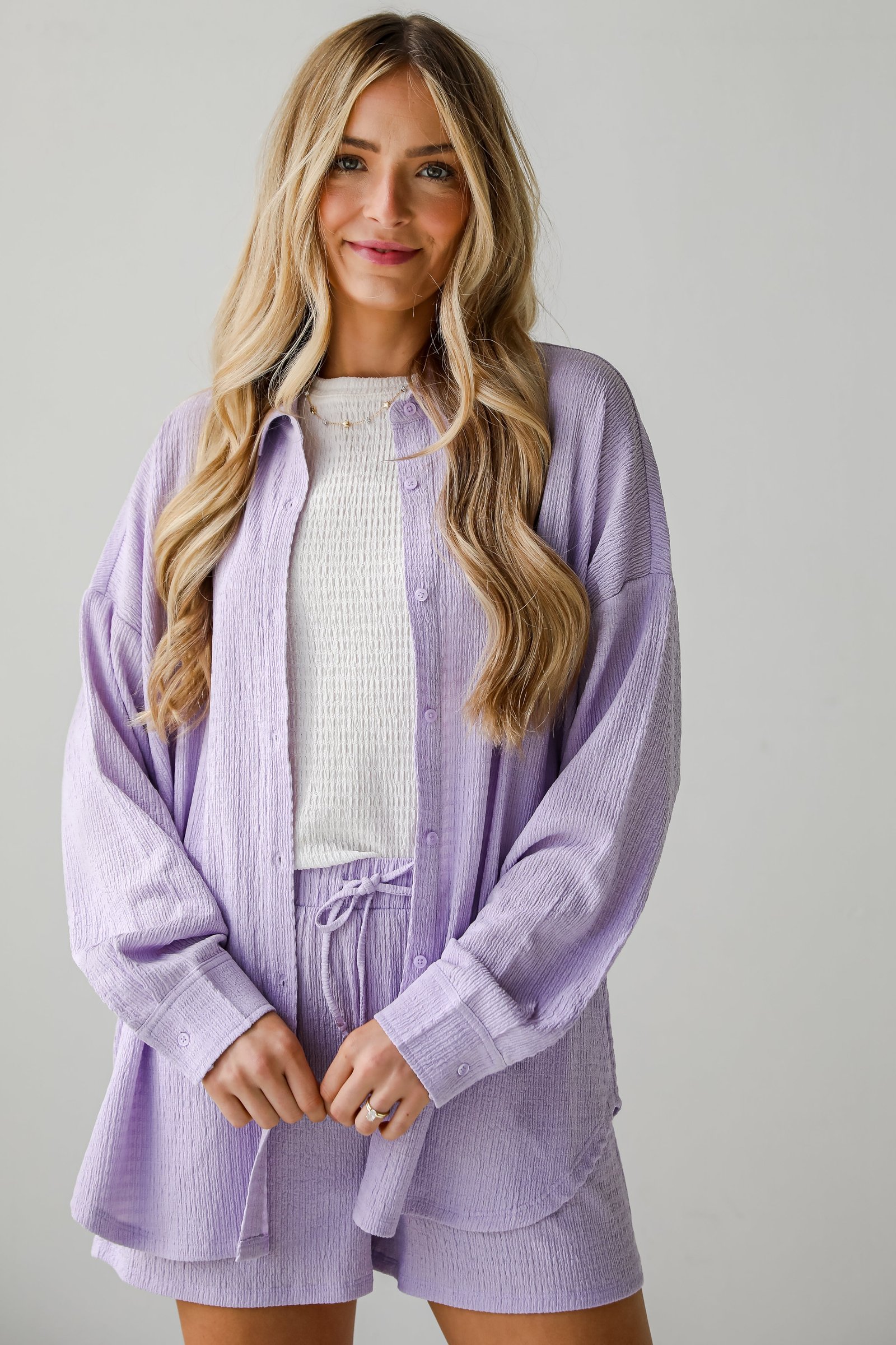 Simply A Vibe Lavender Smocked Button-Up Blouse - DU DEAL