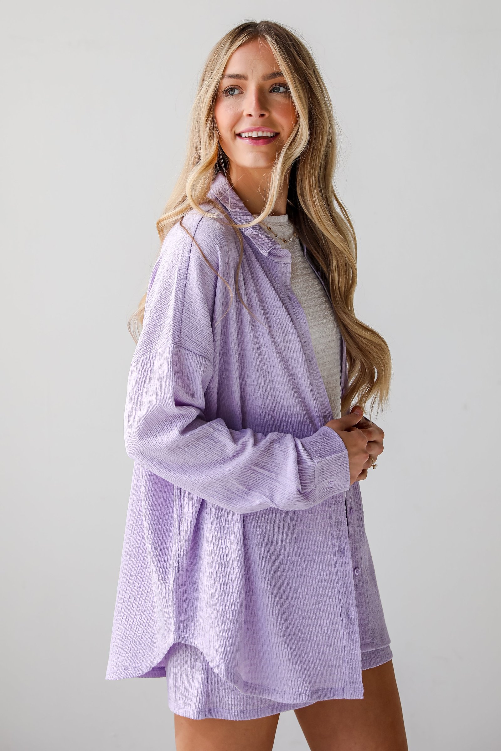 Simply A Vibe Lavender Smocked Button-Up Blouse - DU DEAL