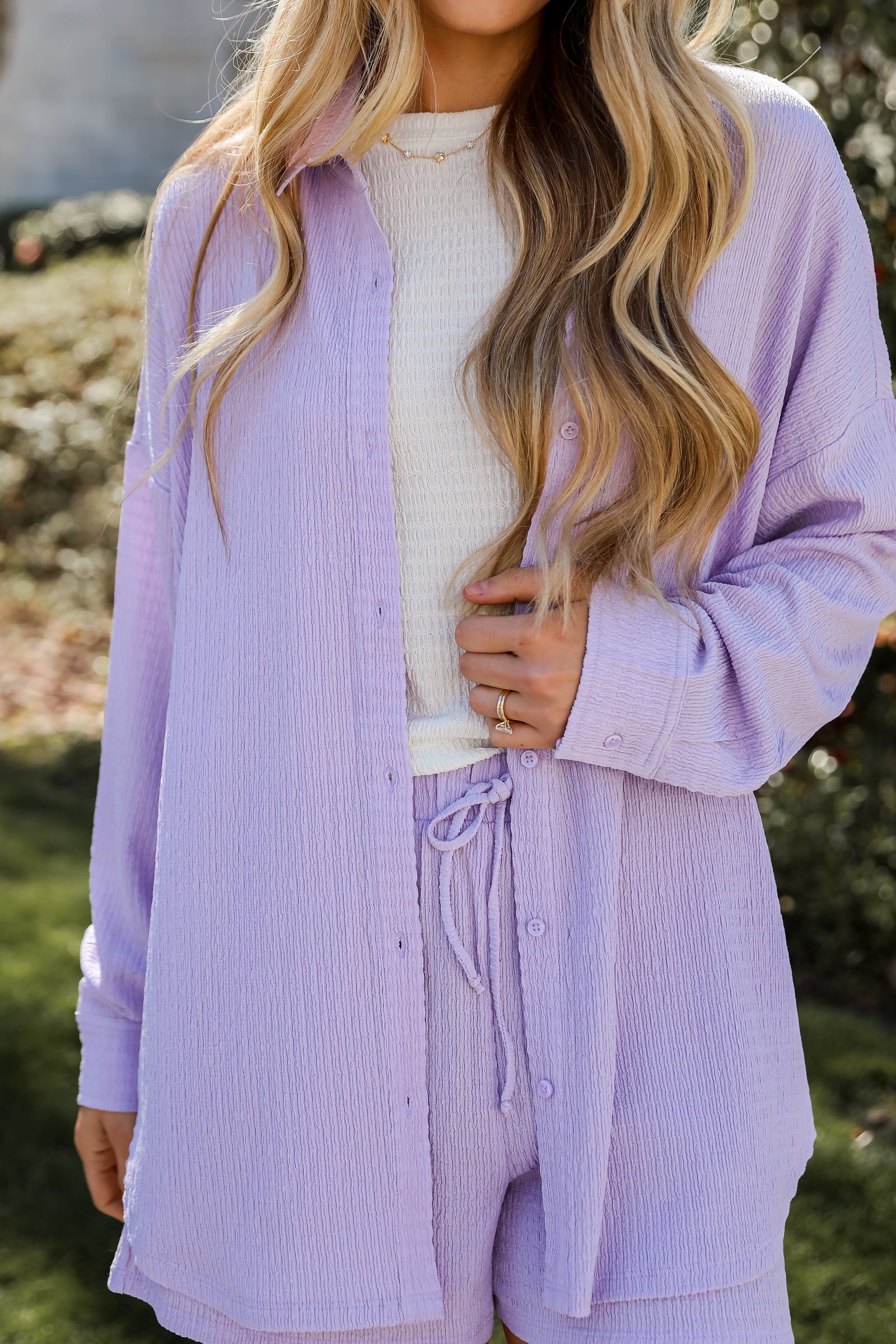 cute Lavender Smocked Button-Up Blouse. Causal shorts for women. Online women's boutique. Shorts for women