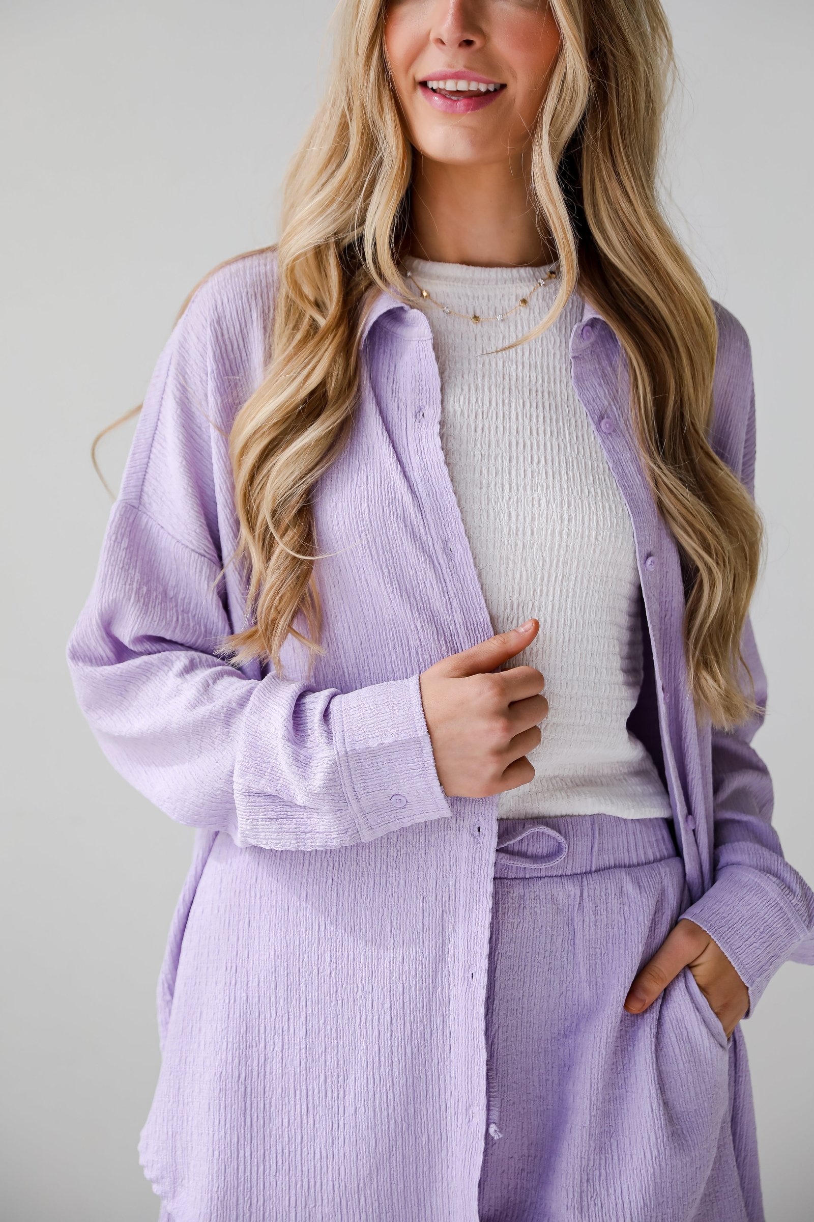 Simply A Vibe Lavender Smocked Button-Up Blouse - DU DEAL