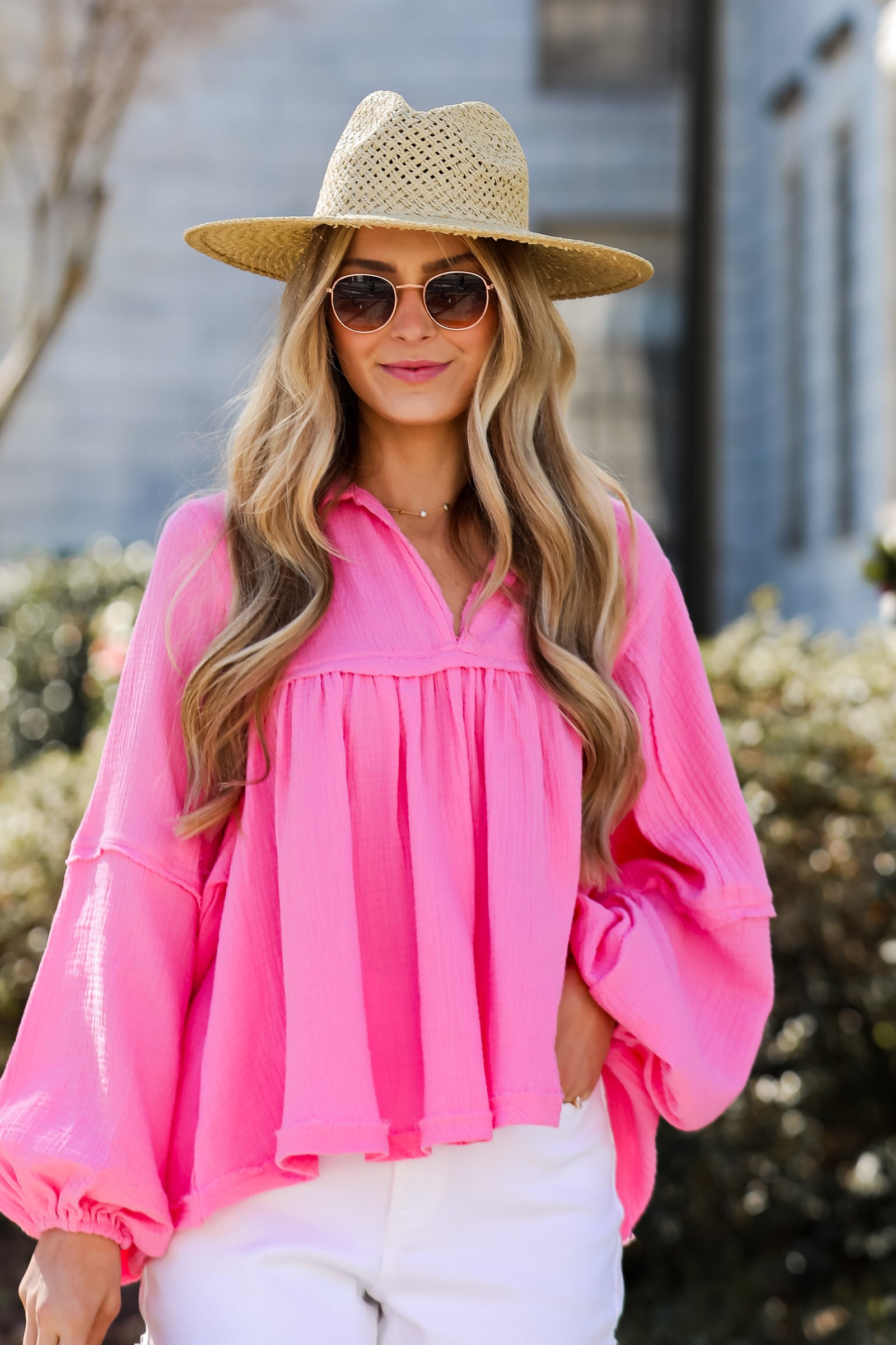 Abundant Radiance Pink Linen Babydoll Blouse