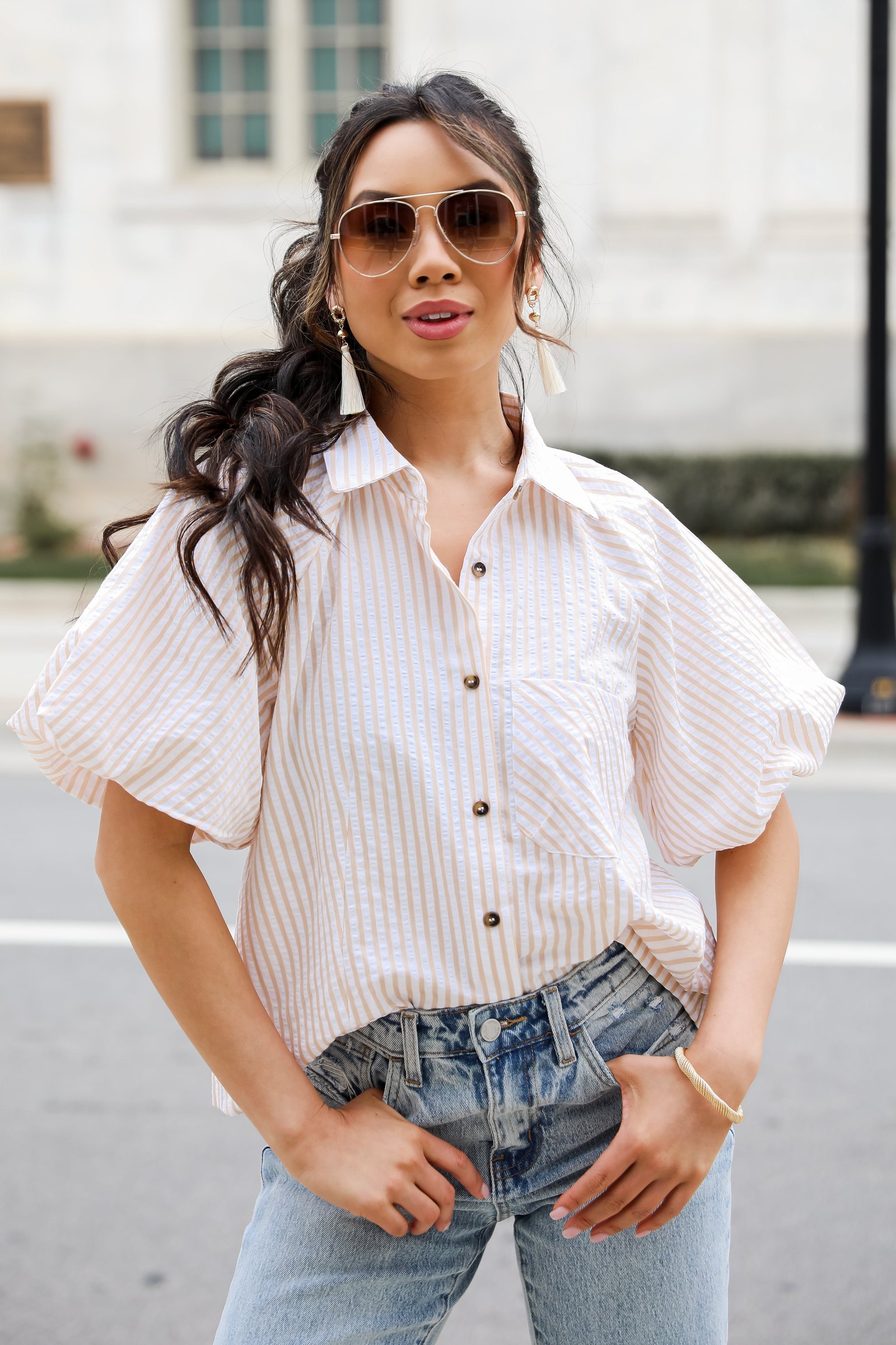 Darling Of Mine Taupe Seersucker Blouse